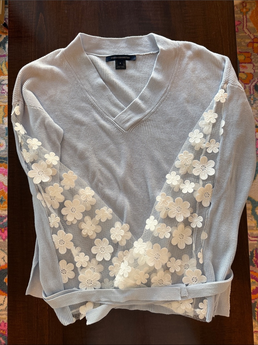 French Connection Pale Blue V-Neck Sweater with Ivory Floral Mesh Sleeves